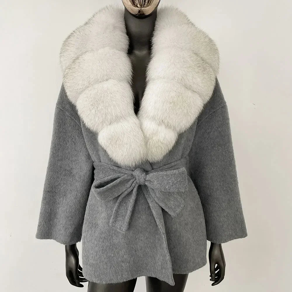 Wool Blend Coat with Fox Fur Collar – Women’s Luxury Winter Coat