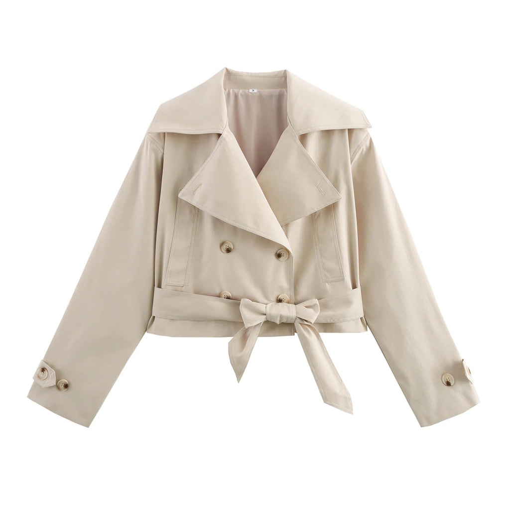 Chic Beige Double-Breasted Trench Coat with Belt & Pockets – Women's Slim Fit Windbreaker