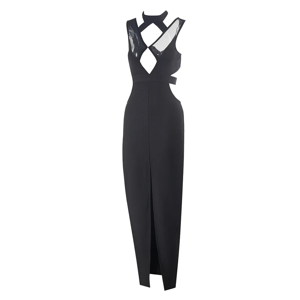 MESH HOLLOW OUT BODYCON BANDAGE MAXI DRESS