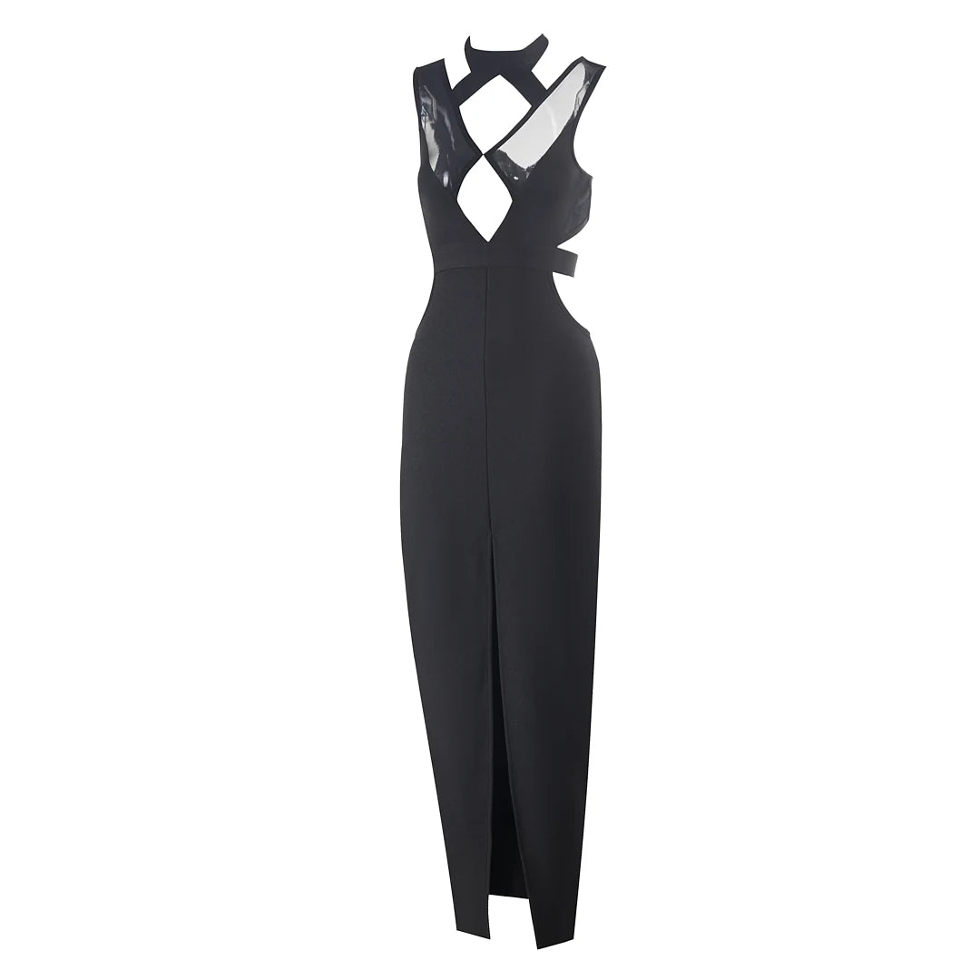 MESH HOLLOW OUT BODYCON BANDAGE MAXI DRESS