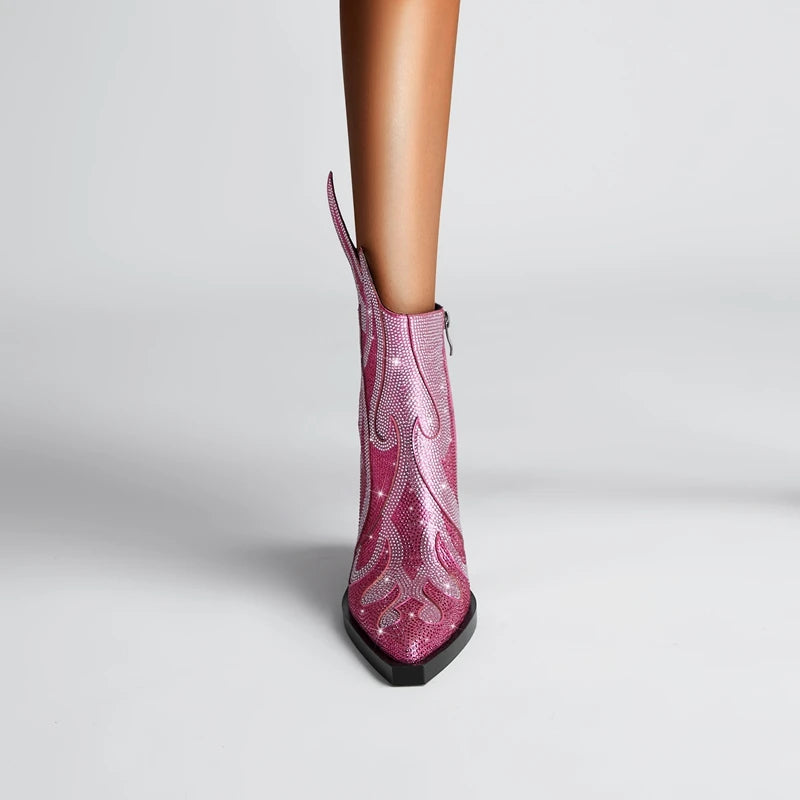 FLAME SHAPE SHORT BOOTS THICK HEEL decorated with CRYSTALS