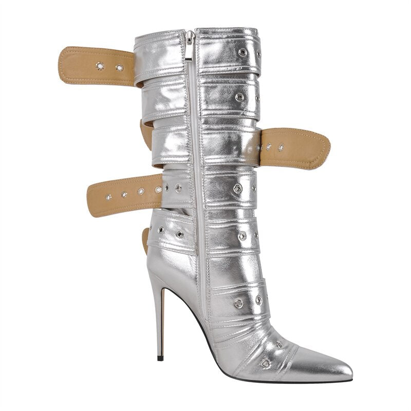 POINTED HEELED BOOTS decorated with BELTS