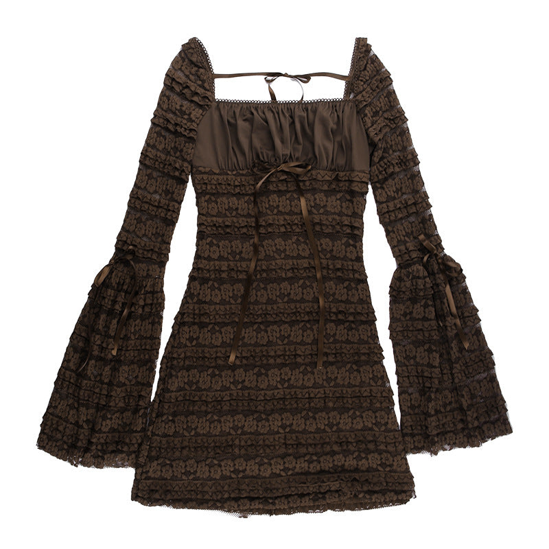 Brown Long Sleeve Ruffle Flared Mini Dress – Elegant Layered Square Neck Cocktail Dress