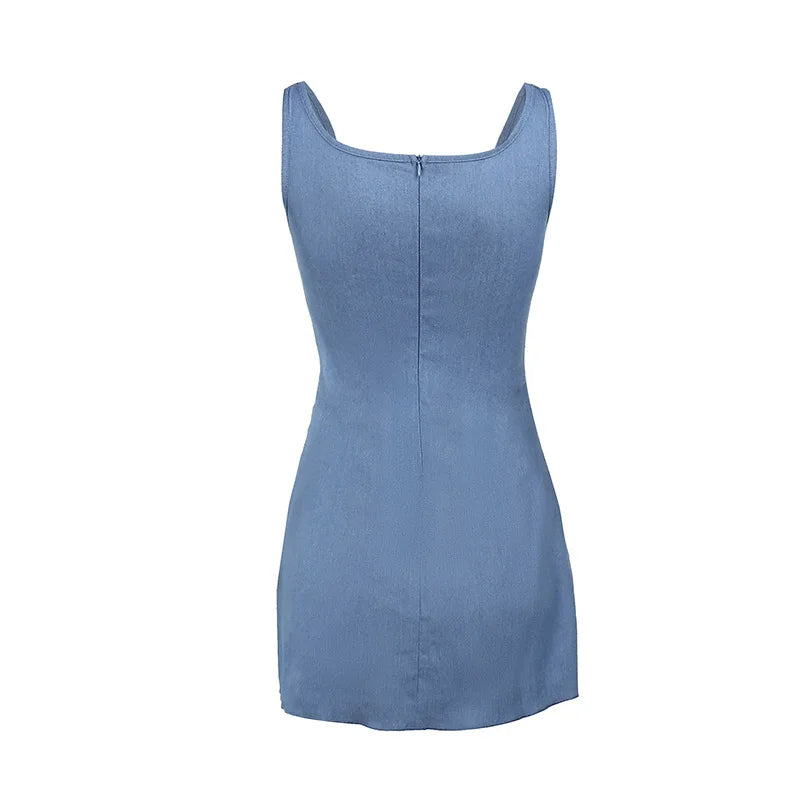 FLOWER BOW DENIM MINI DRESS