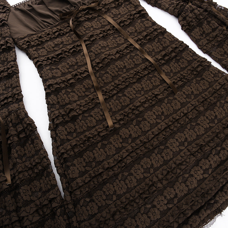 Brown Long Sleeve Ruffle Flared Mini Dress – Elegant Layered Square Neck Cocktail Dress