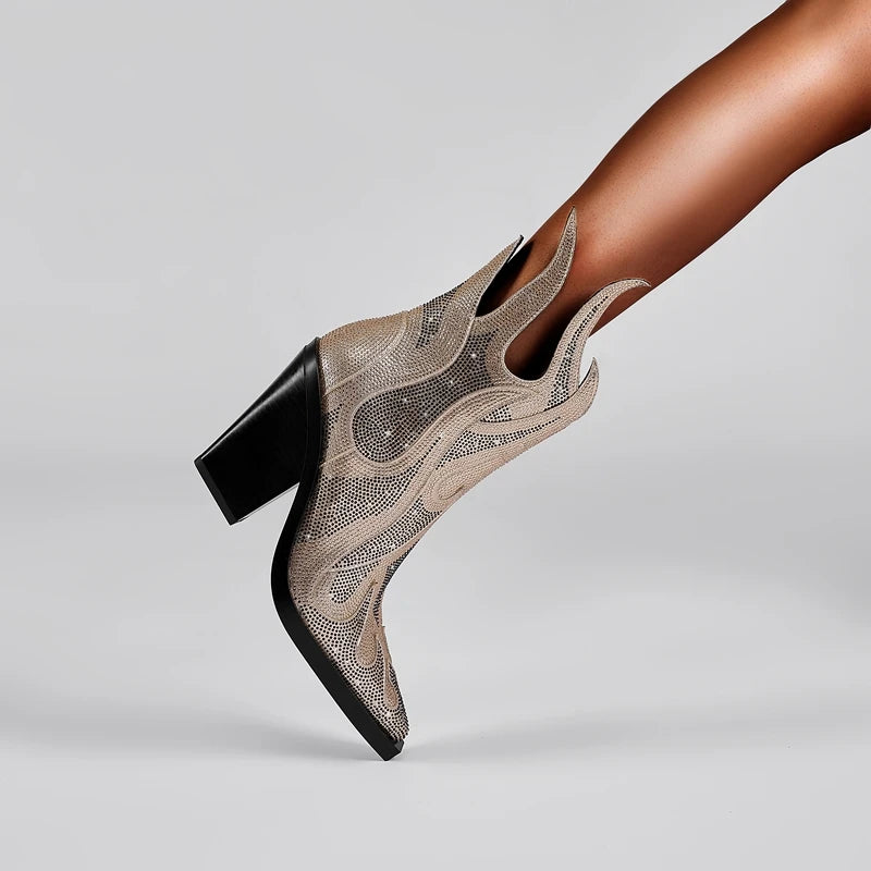 FLAME SHAPE SHORT BOOTS THICK HEEL decorated with CRYSTALS