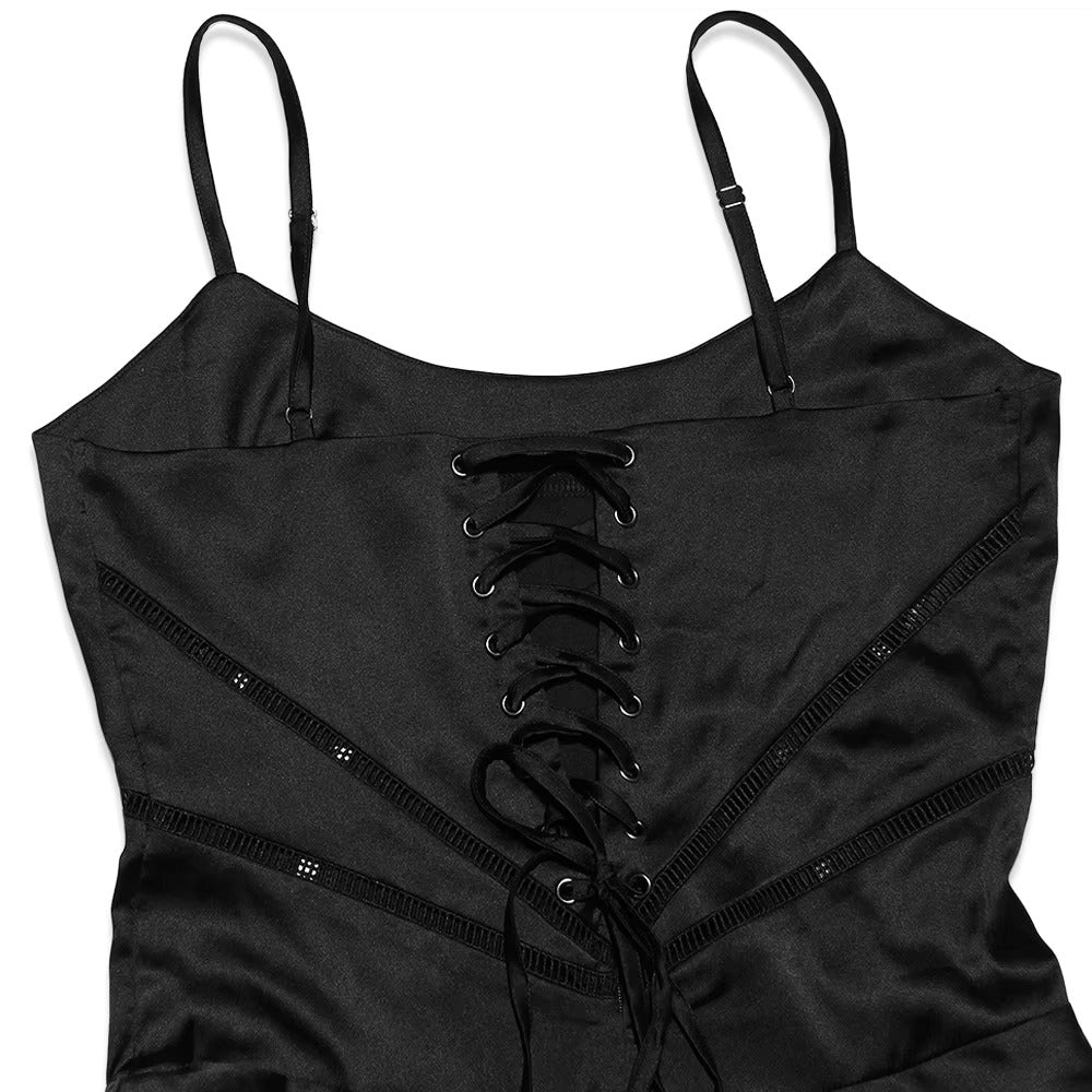 BLACK SATIN LACE-UP BACKLESS MAXI DRESS