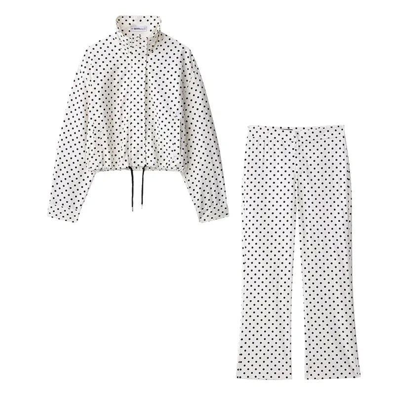 Polka Dot Two Piece Set with High Neck Jacket and Matching Pants or Shorts