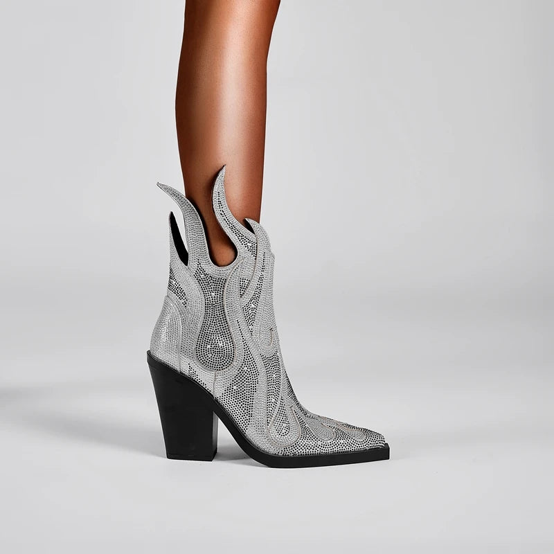 FLAME SHAPE SHORT BOOTS THICK HEEL decorated with CRYSTALS