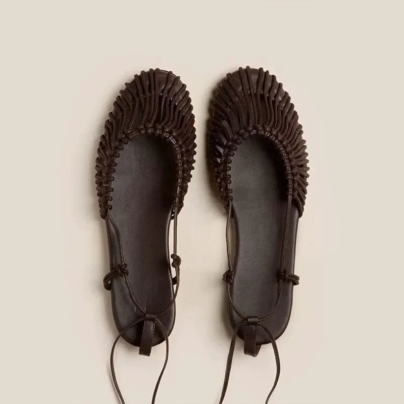 Dark brown handmade woven Roman sandals with ankle straps