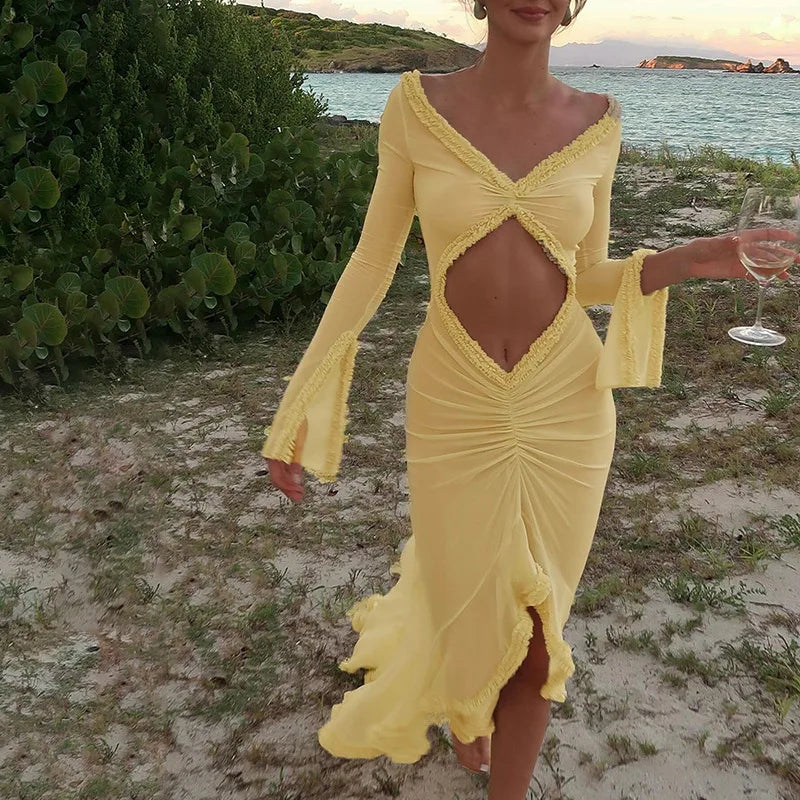 CUT OUT MESH MAXI DRESS RUFFLES SLEEVES