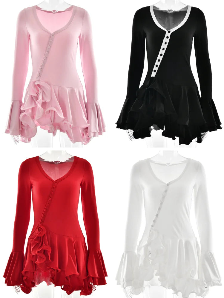 Women’s Ruffle Hem Bodycon Mini Dress – V-Neck Long Sleeve A-Line Party Dress