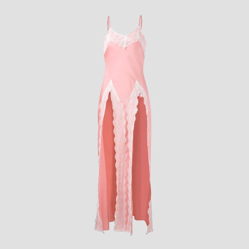 Elegant Pink Satin Lace Dress with High Slits – Summer Evening Gown
