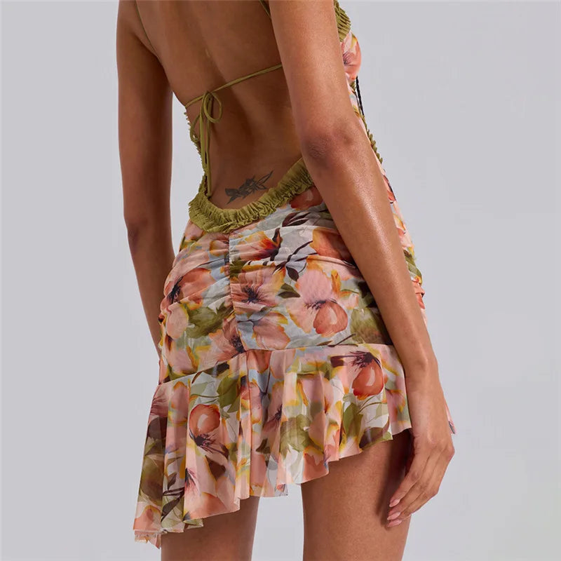 HOLLOW OUT PRINT MINI DRESS