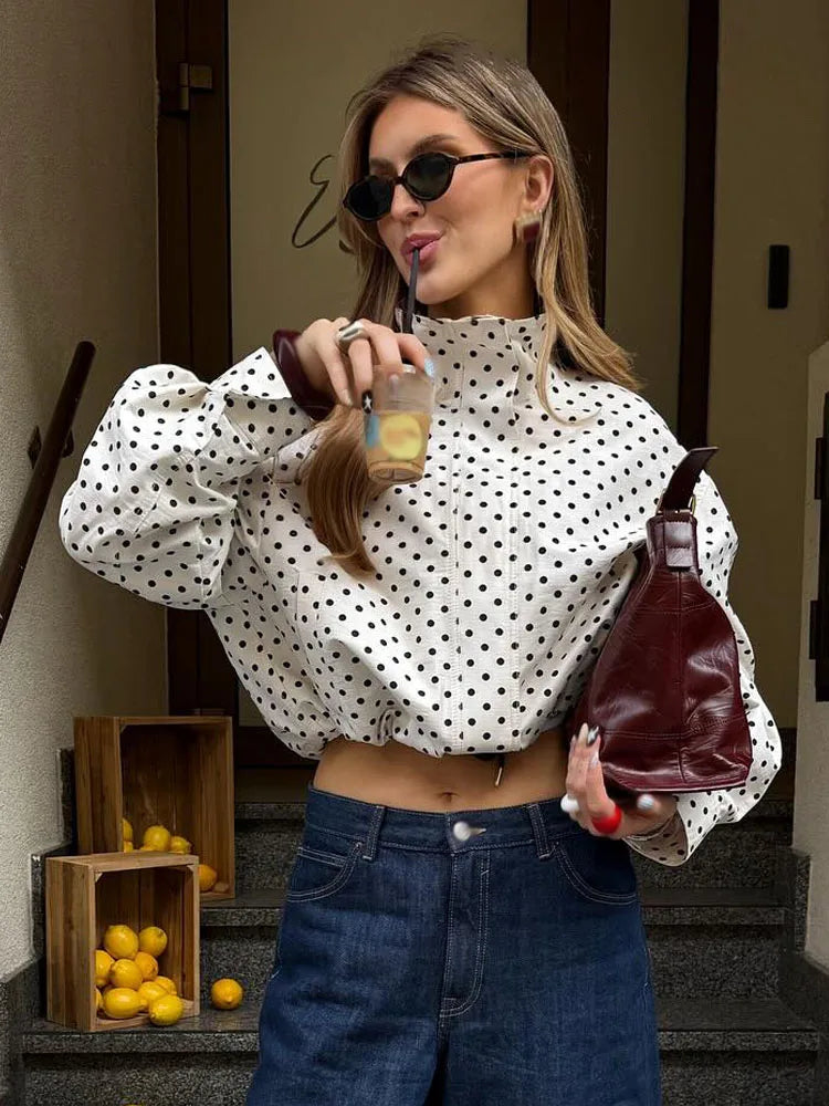 Polka Dot Two Piece Set with High Neck Jacket and Matching Pants or Shorts