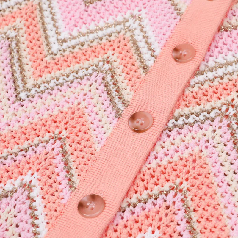 Pink Zigzag Knit Co-Ord Set – Sleeveless Top, Cardigan & Wide-Leg Pants