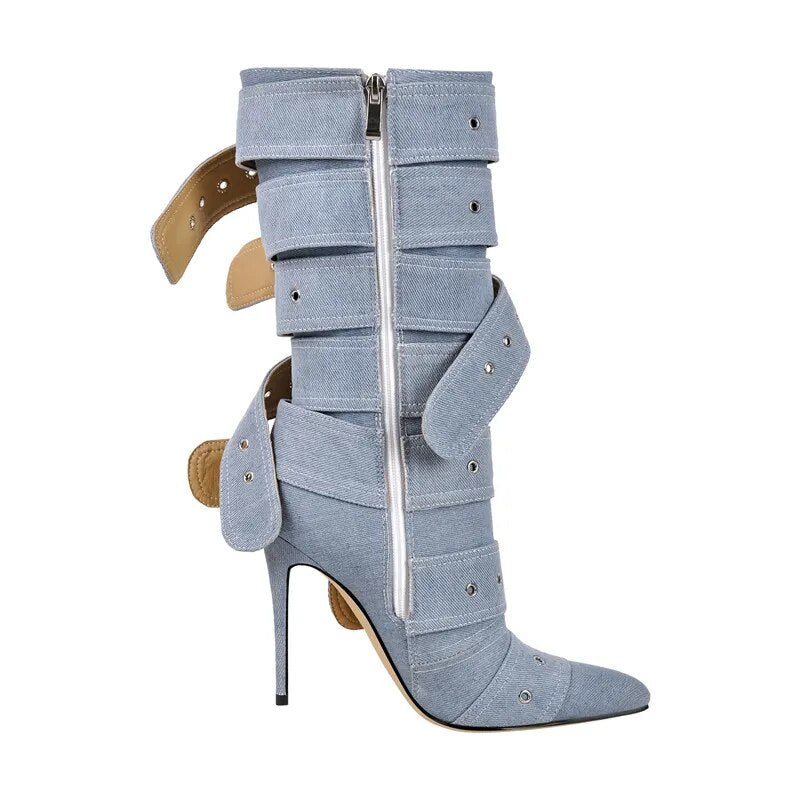 POINTED HEELED BOOTS decorated with BELTS