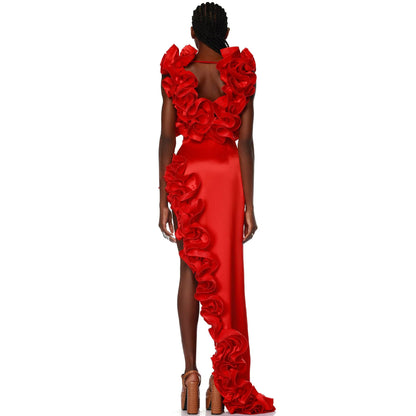 OMYTO RED FLOWER BODYSUIT and SIDE SLIT MAXY SKIRT