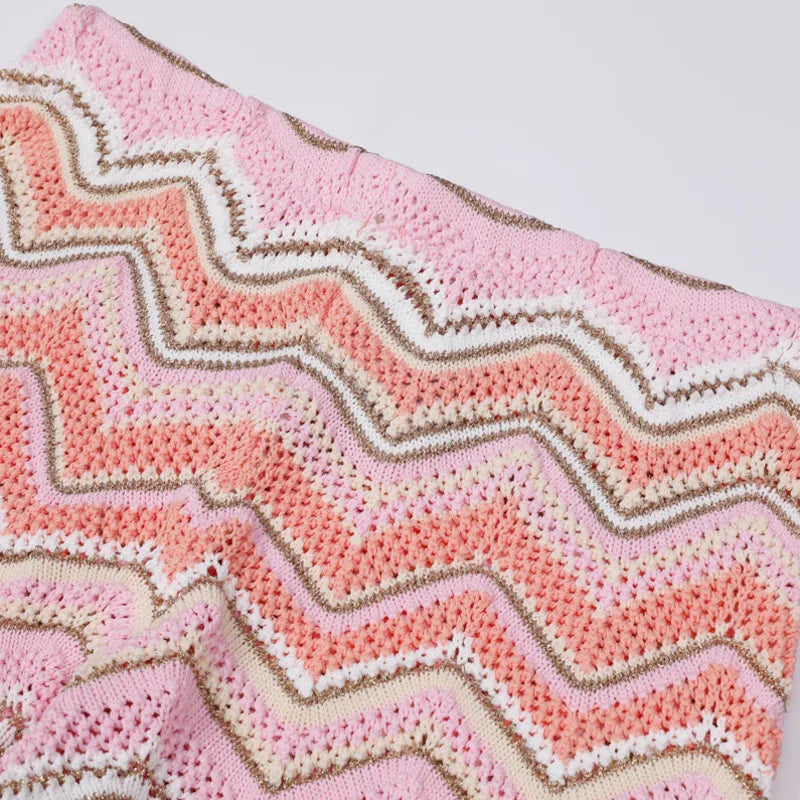 Pink Zigzag Knit Co-Ord Set – Sleeveless Top, Cardigan & Wide-Leg Pants