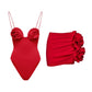 ASHLYN RED ROSE BOWS BODYSUIT / SWIMSUIT and MINI SKIRT 2 PIECE SET