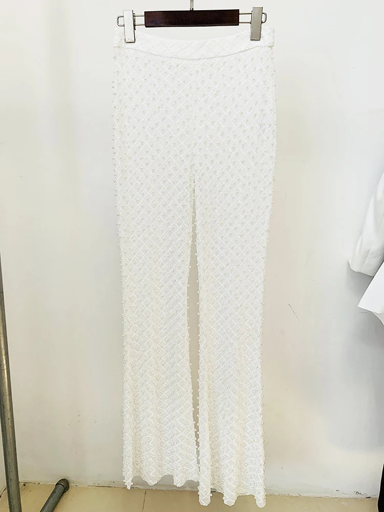 HOLLOW OUT FLOWERS APPLIQUES PEARLS BEADED BLAZER GAUZE PANTS