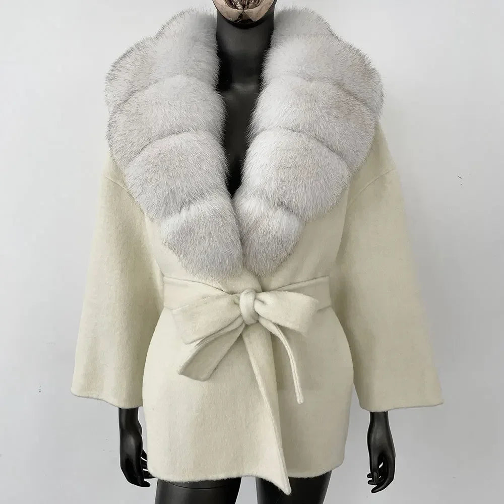 Wool Blend Coat with Fox Fur Collar – Women’s Luxury Winter Coat