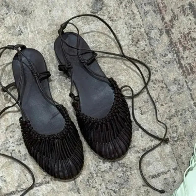 Low Heel Woven Roman Sandals with Ankle Strap – Summer Casual Flat Shoes for Women