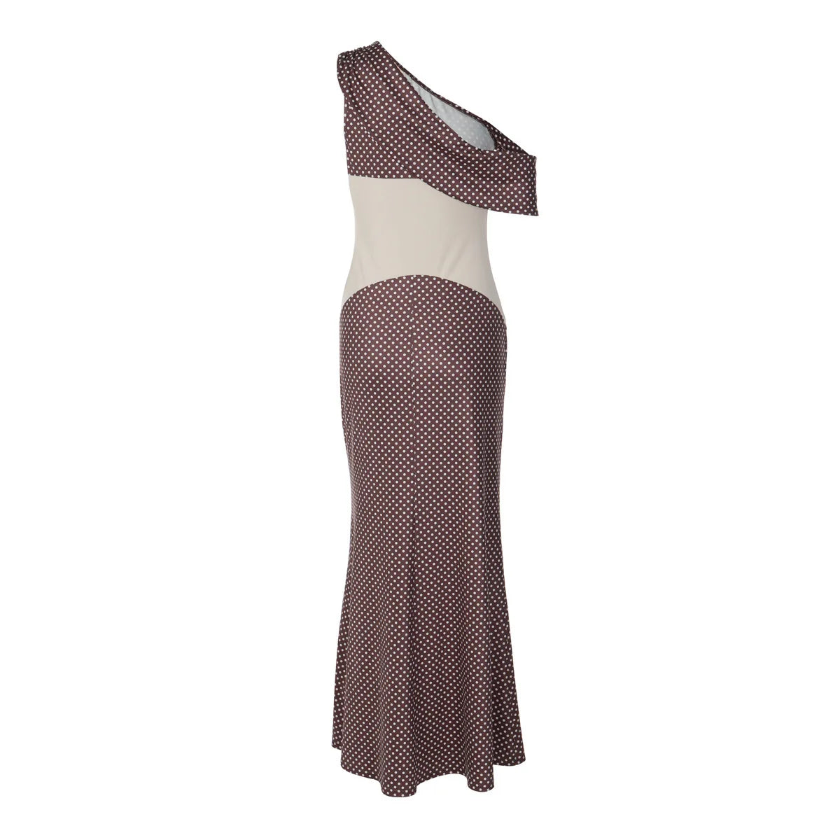 Polka Dot One Shoulder Maxi Dress for Women – Brown Patchwork Bodycon Evening Dress