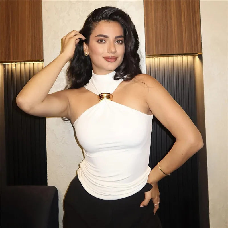 Halter Turtleneck Knit Top with Gold Ring Detail