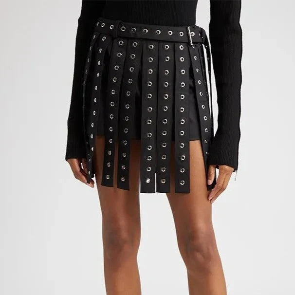 BLACK STRAPPY BELTED SKIRT