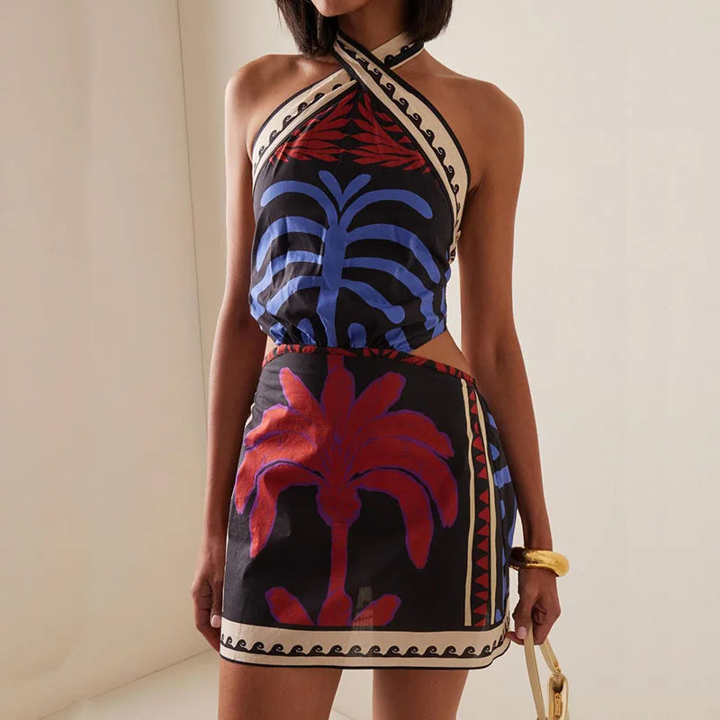 Backless printed summer dress with tie-up halter neckline