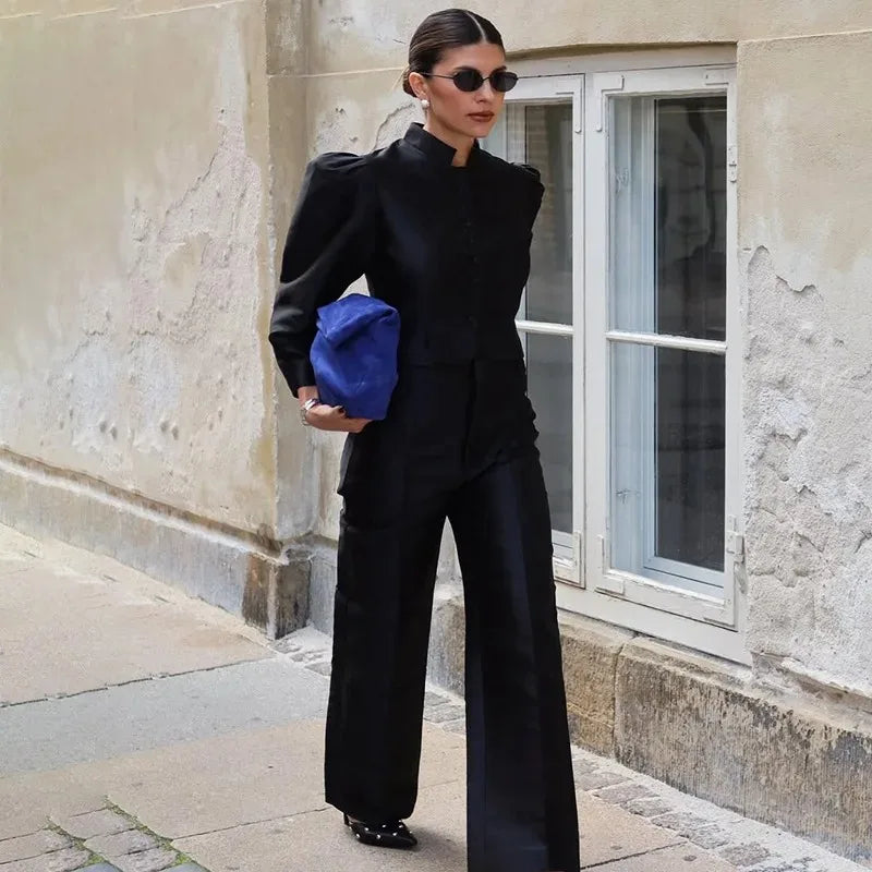 Elegant Puff Sleeve Button Jacket for Women – High Street Cropped Blazer Top in White, Black & Brown | Luxury Party & Chic Officewear