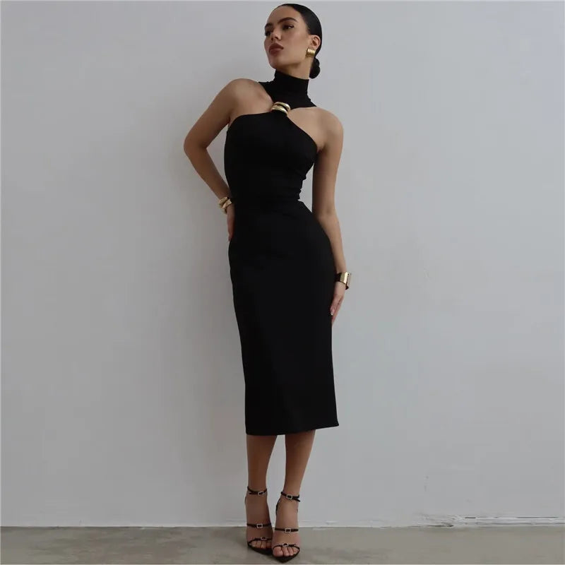 TURTLENECK OFF-SHOULDER BLACK MIDI DRESS