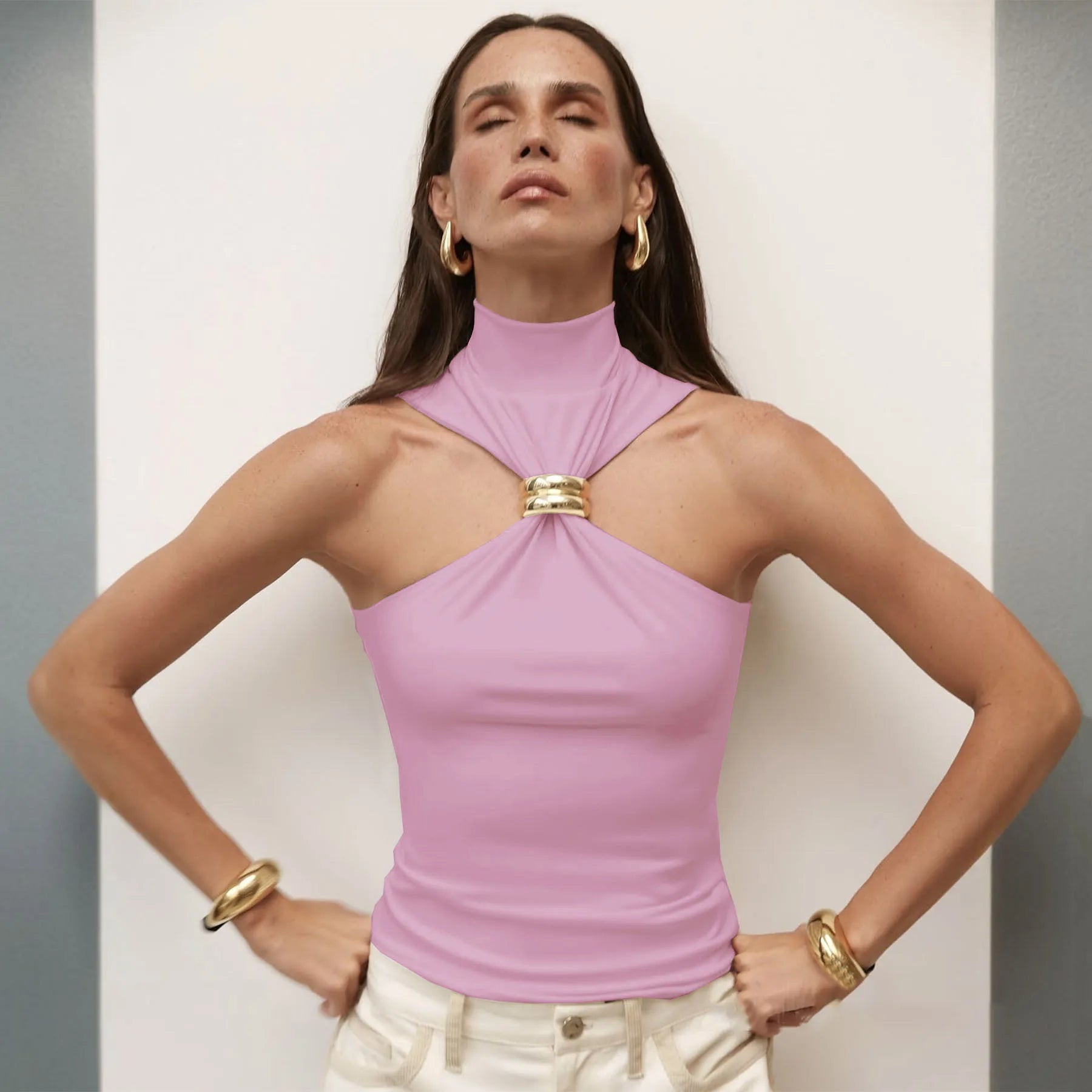 Halter Turtleneck Knit Top with Gold Ring Detail