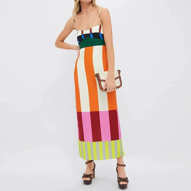 COLORFUL CONTRAST STRIPED STRAP MAXI DRESS