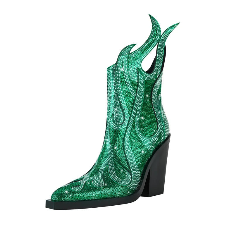 FLAME SHAPE SHORT BOOTS THICK HEEL decorated with CRYSTALS