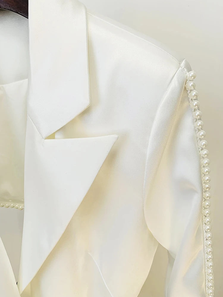 HOLLOW OUT FLOWERS APPLIQUES PEARLS BEADED BLAZER GAUZE PANTS