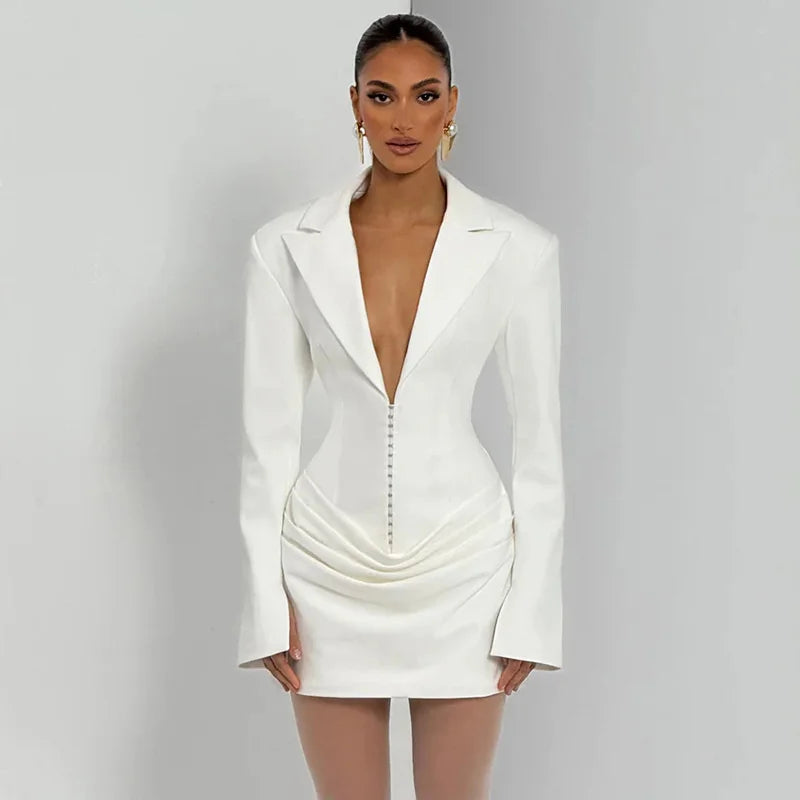 Deep V-Neck Long Sleeve Ruched Mini Dress – High-Waist Structured Blazer Dress | CTRL NUIT