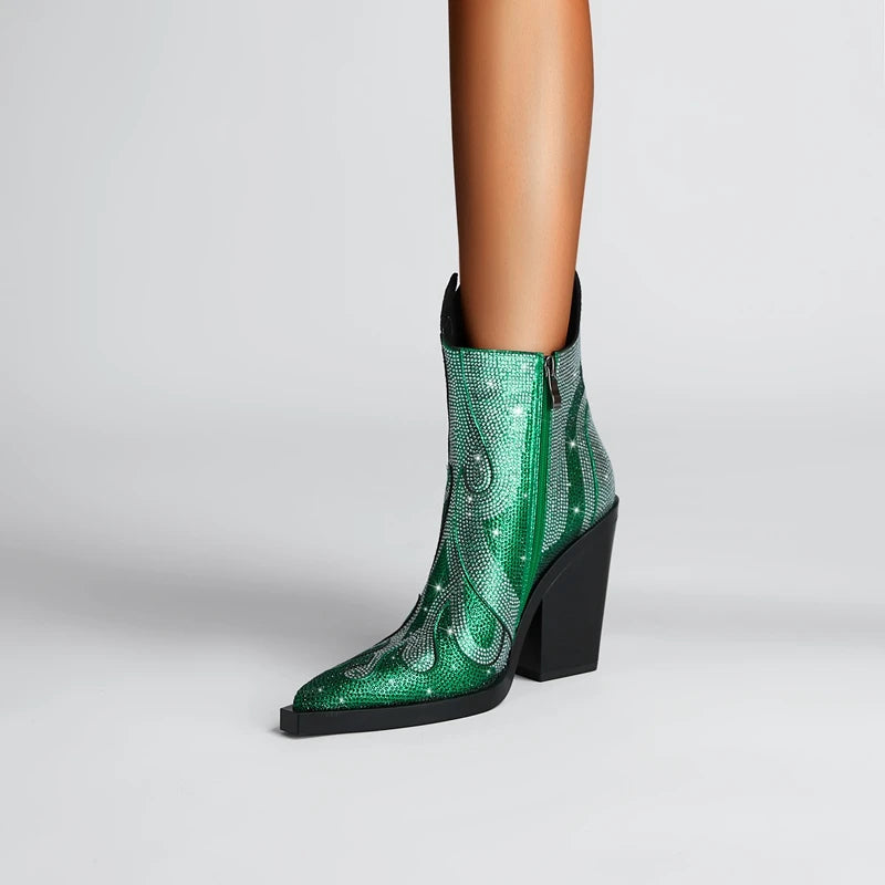 FLAME SHAPE SHORT BOOTS THICK HEEL decorated with CRYSTALS