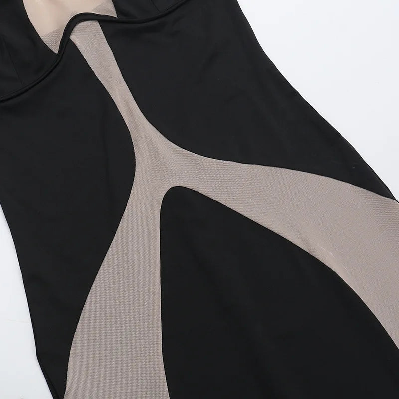 HOLLOW OUT NECK HANGING SLIT MESH BLACK MIDI DRESS