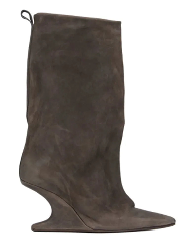 Sculptural Wedge Pointed-Toe Mid-Calf Boots