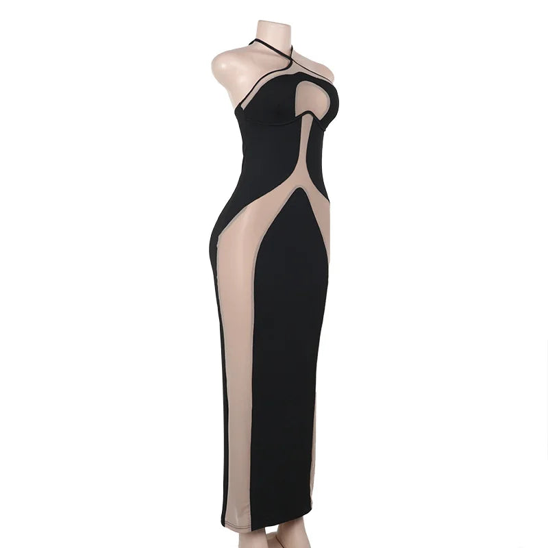 HOLLOW OUT NECK HANGING SLIT MESH BLACK MIDI DRESS