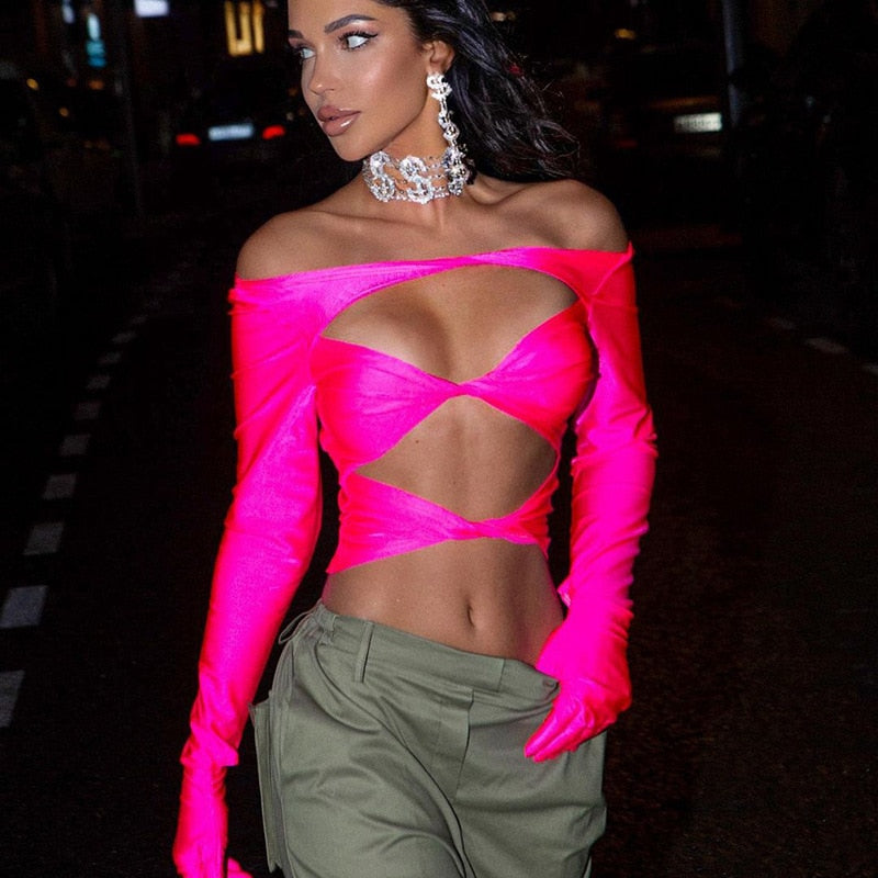 HOLLOW OUT LONG SLEEVE TOP with GLOVES