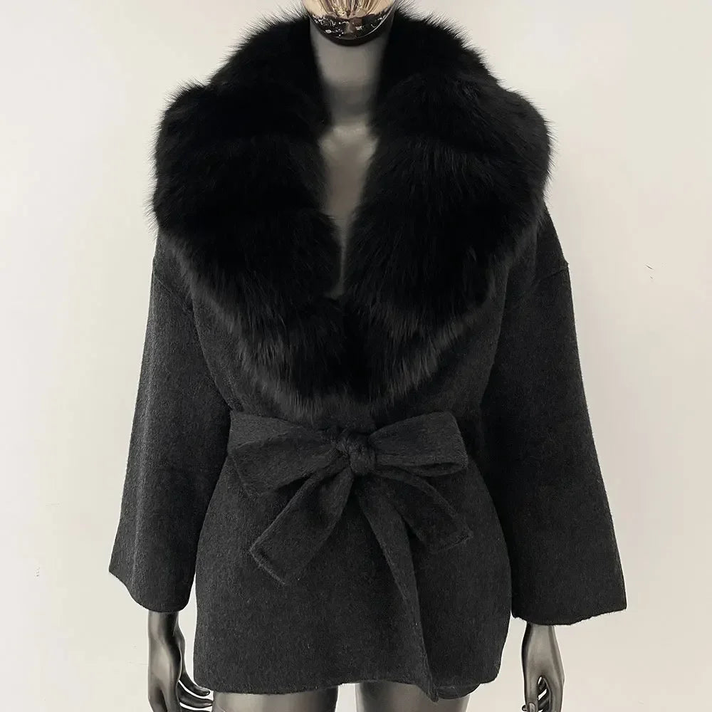 Wool Blend Coat with Fox Fur Collar – Women’s Luxury Winter Coat