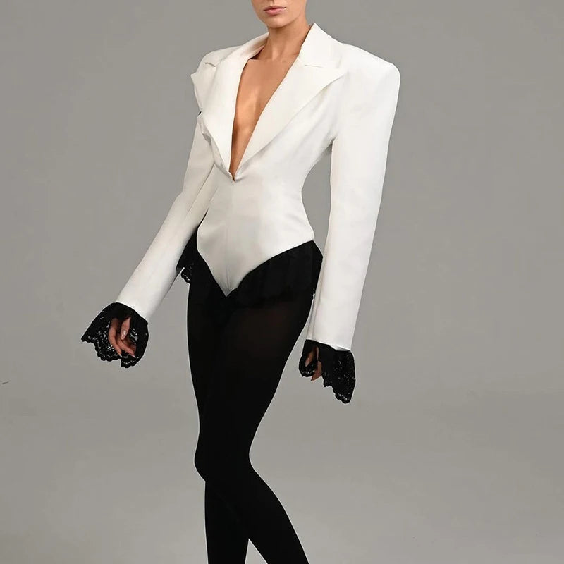 V NECK LACE  RUFFLES BLAZER JUMPSUIT
