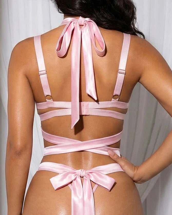 Pink Lingerie Set For Women Cross Tie Back Bowknot Design Sexy Silky Bra Panty Suit Elegant Intimate Nightwear