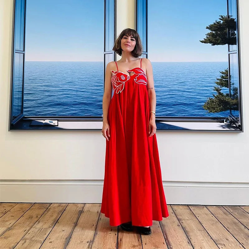 RED SLING SLEEVELESS MAXI DRESS