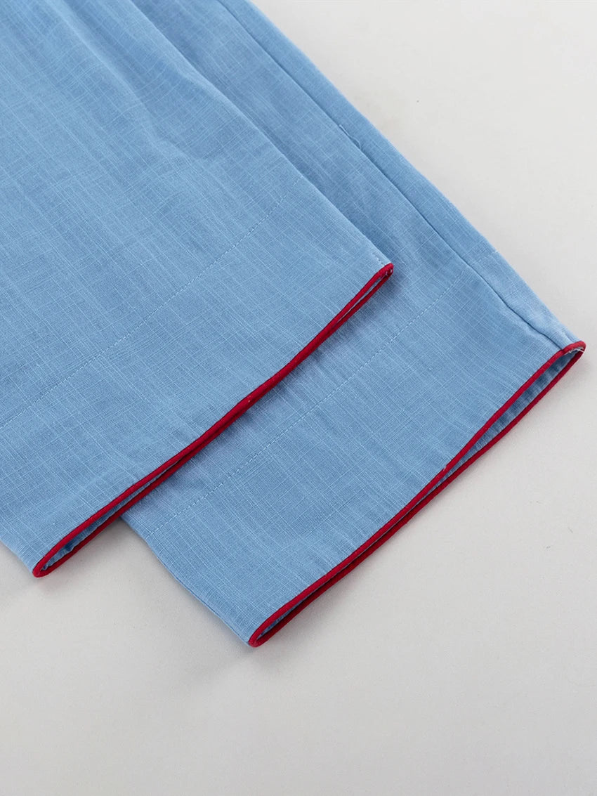 Cotton Blue Pajama Set for Women – Long Sleeve Button-Down Sleepwear with Pants