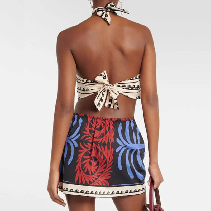 Boho Pattern Halter Mini Dress – Summer Printed Sleeveless Dress