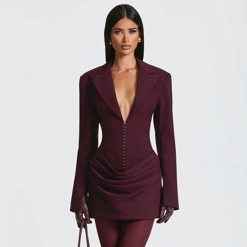 Deep V-Neck Long Sleeve Ruched Mini Dress – High-Waist Structured Blazer Dress | CTRL NUIT